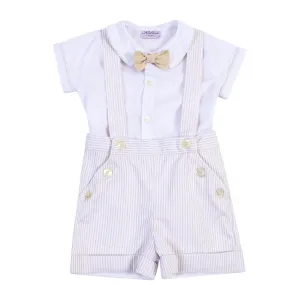 "Adrien" Beige Striped Shorts with Braces Set